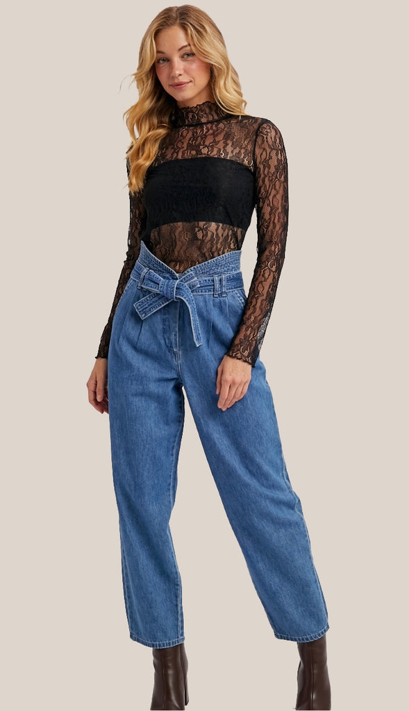 Laci Mock Neck Lace Top- Black