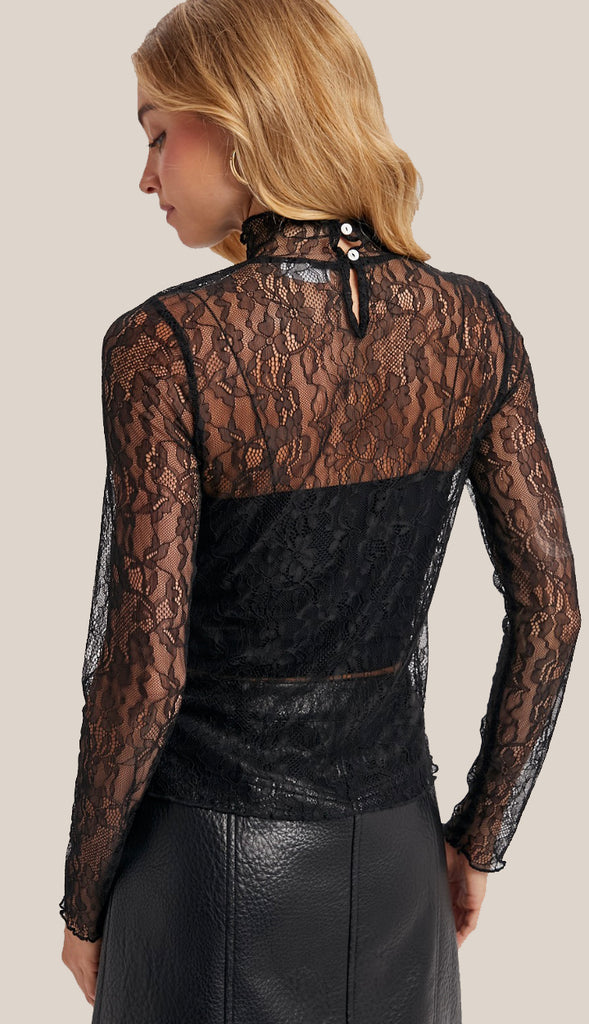 Laci Mock Neck Lace Top- Black