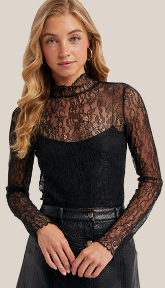Laci Mock Neck Lace Top- Black