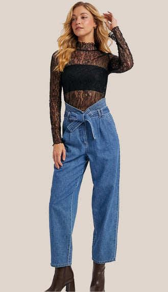 Laci Mock Neck Lace Top- Black