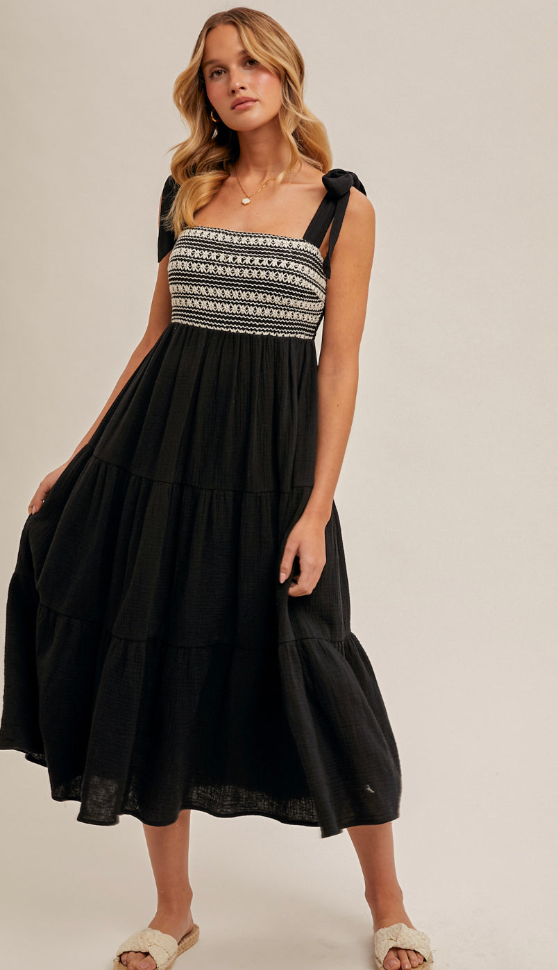 Layla Crochet Bust Shoulder Tie Midi Dress- Black Layla Crochet Bust Shoulder Tie Midi Dress- Black