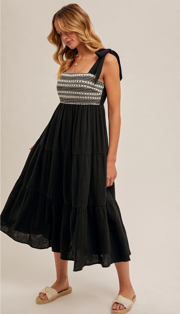 Layla Crochet Bust Shoulder Tie Midi Dress- Black