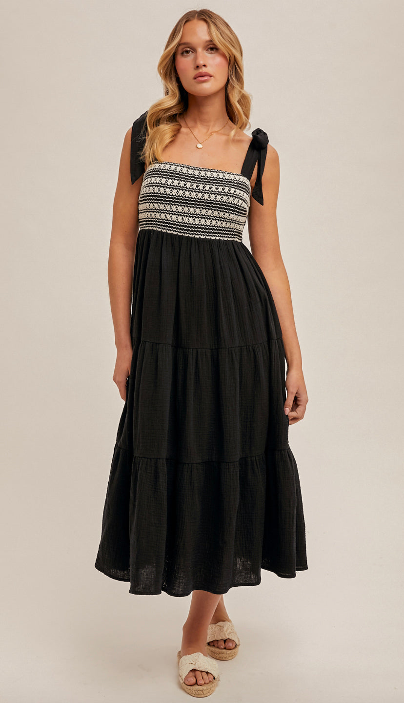 Layla Crochet Bust Shoulder Tie Midi Dress- Black