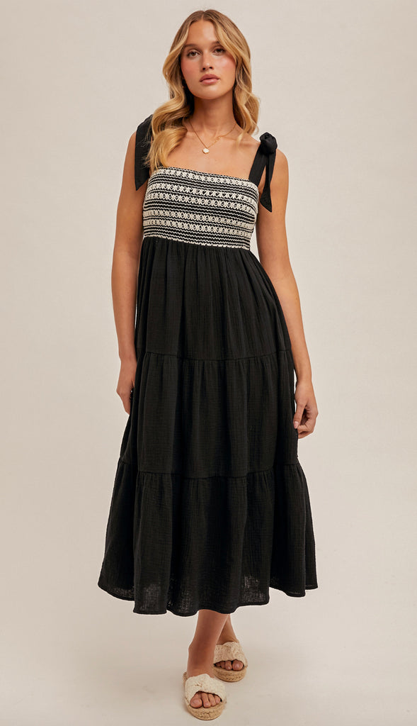 Layla Crochet Bust Shoulder Tie Midi Dress- Black