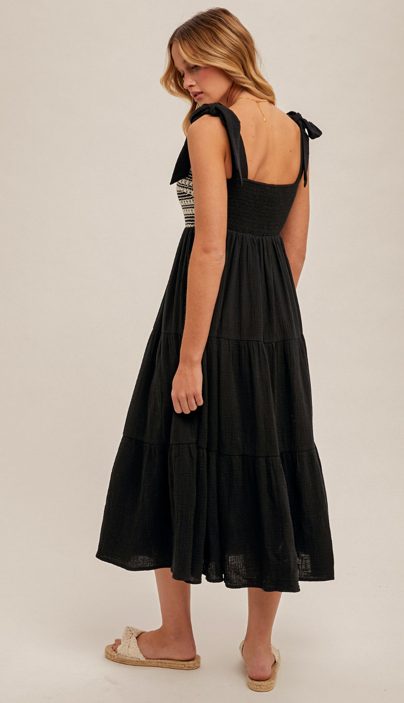 Layla Crochet Bust Shoulder Tie Midi Dress- Black Layla Crochet Bust Shoulder Tie Midi Dress- Black