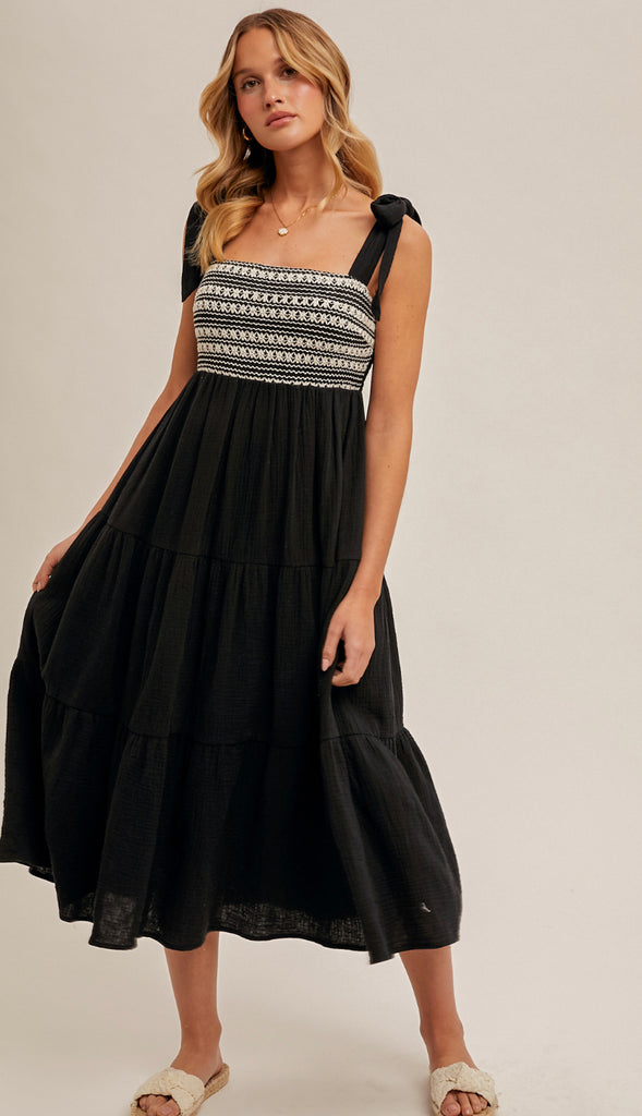 Layla Crochet Bust Shoulder Tie Midi Dress- Black
