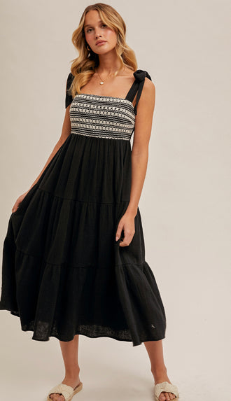 Layla Crochet Bust Shoulder Tie Midi Dress- Black