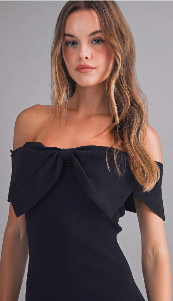Here For The Champagne Bow Off Shoulder Midi Dress- Black