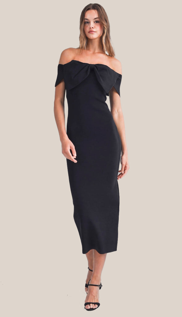 Here For The Champagne Bow Off Shoulder Midi Dress- Black