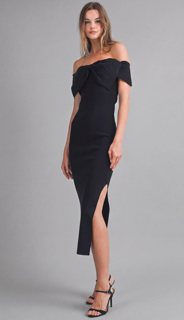Here For The Champagne Bow Off Shoulder Midi Dress- Black