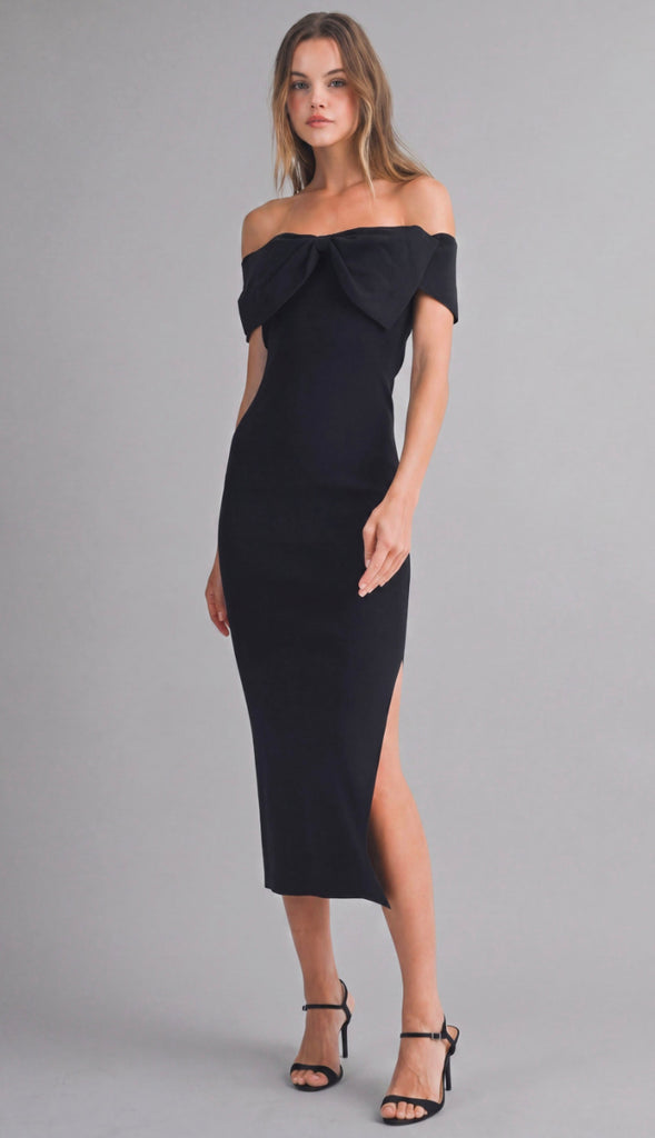 Here For The Champagne Bow Off Shoulder Midi Dress- Black