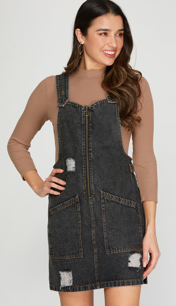 Washed Denim Overall Dress- Black