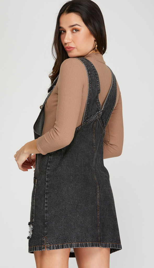Washed Denim Overall Dress- Black