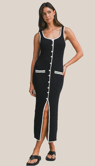 Zuri Knit Button Down Midi Dress- Black