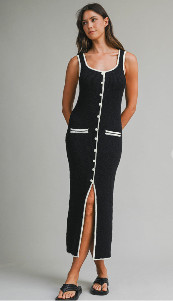 Zuri Knit Button Down Midi Dress- Black
