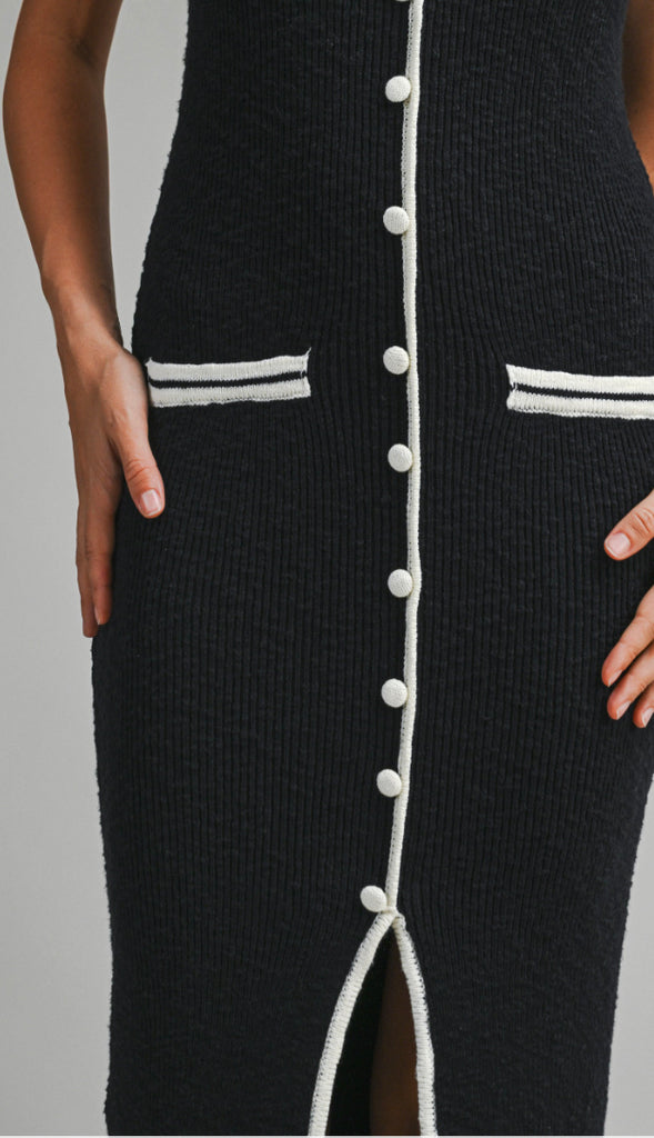 Zuri Knit Button Down Midi Dress- Black