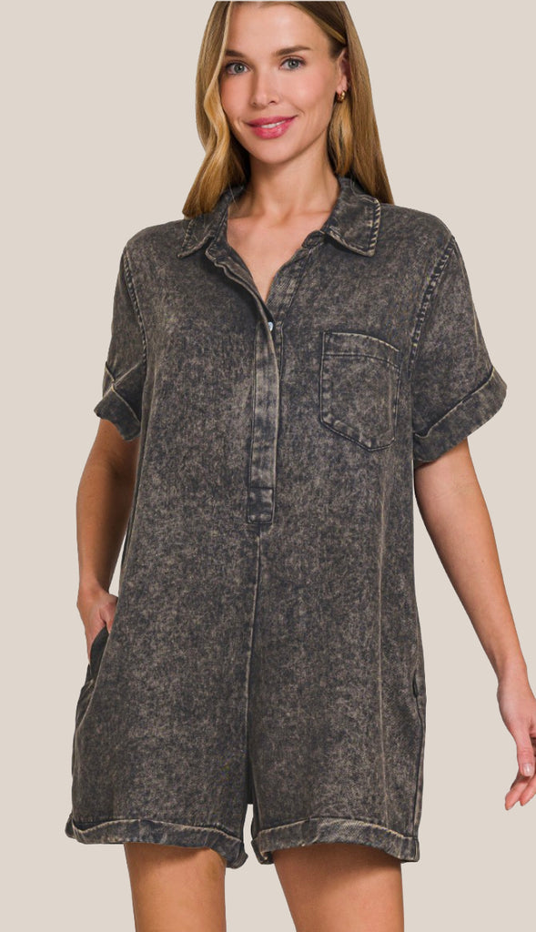 Mineral Washed Half Button Shirt Romper- Ash Black