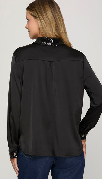 Penelope Sequined Satin Shirt- Black