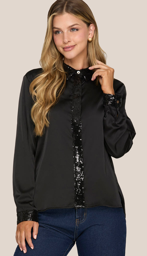 Penelope Sequined Satin Shirt- Black