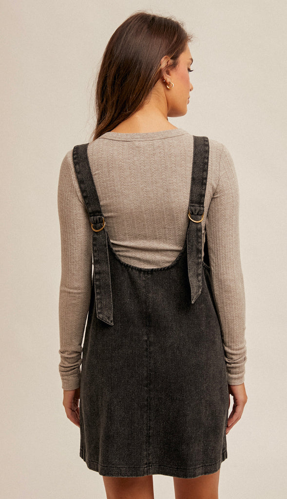 Snow Wash Twill Overall Dress- Black