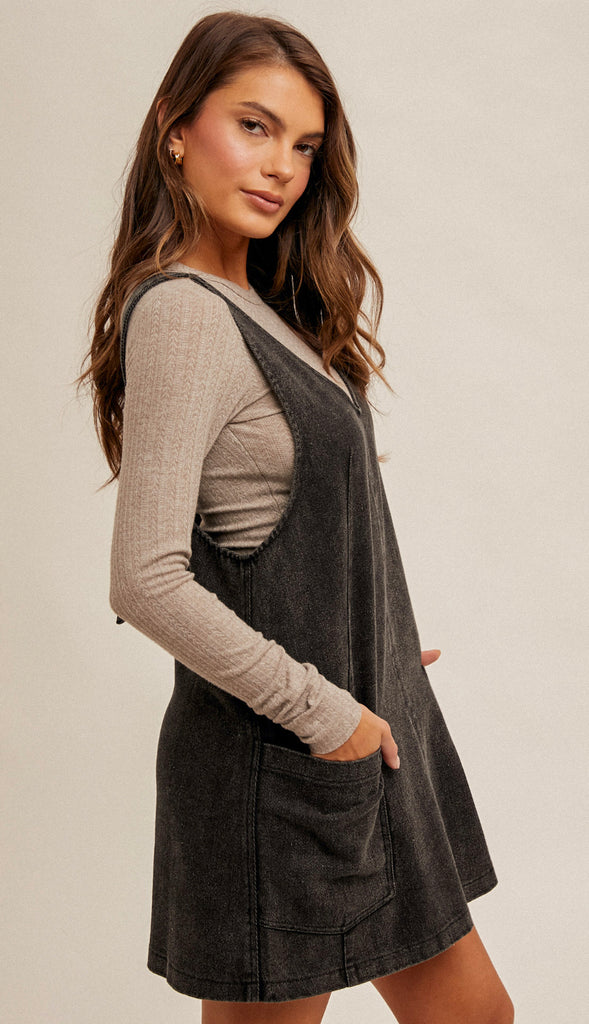 Snow Wash Twill Overall Dress- Black