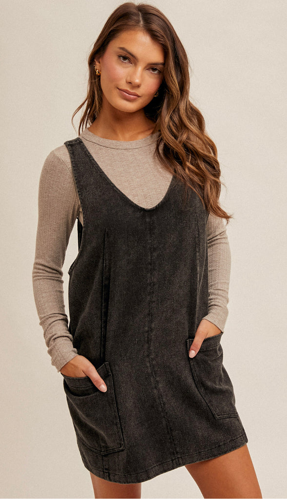 Snow Wash Twill Overall Dress- Black