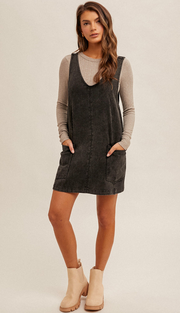 Snow Wash Twill Overall Dress- Black