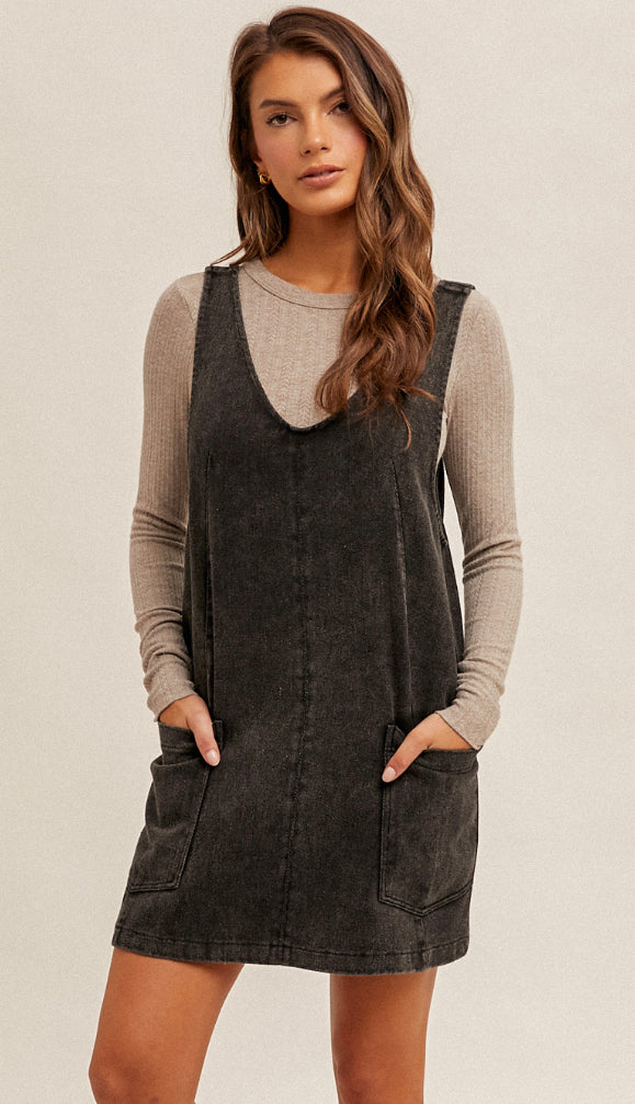 Snow Wash Twill Overall Dress- Black