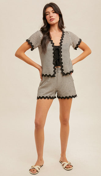 Maya Contrast Trim Short Sleeve Cardigan- Black/White