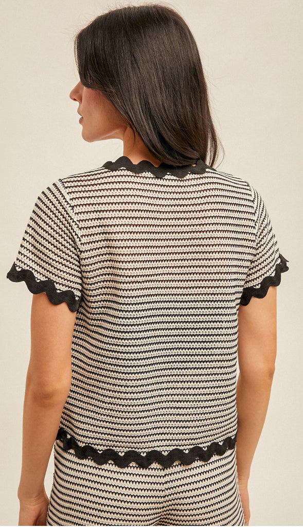 Maya Contrast Trim Short Sleeve Cardigan- Black/White
