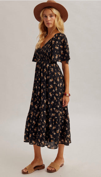 Darkest Daisy Smocked Flutter Sleeve Midi Dress- Black