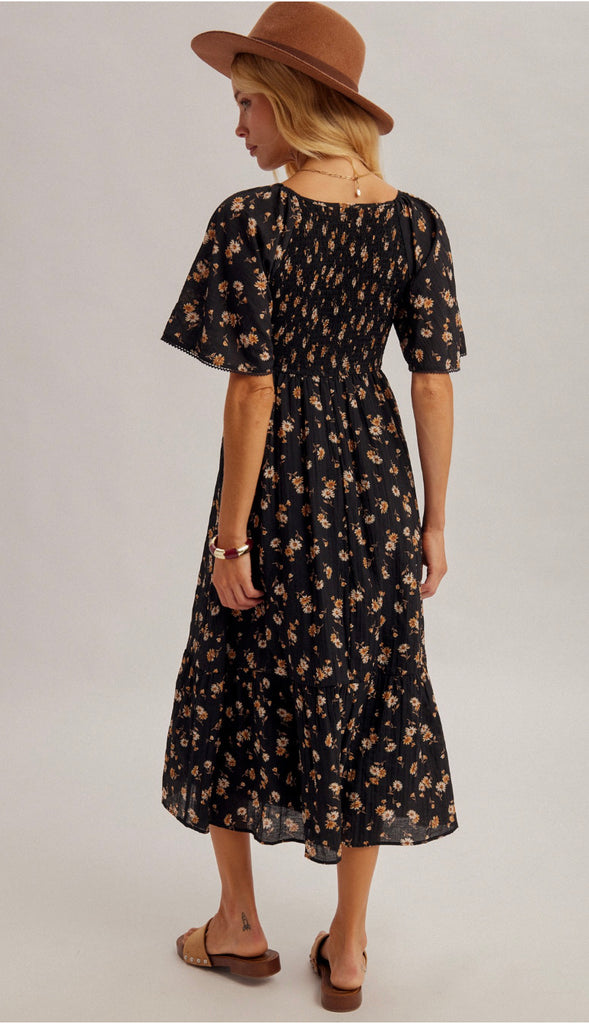 Darkest Daisy Smocked Flutter Sleeve Midi Dress- Black