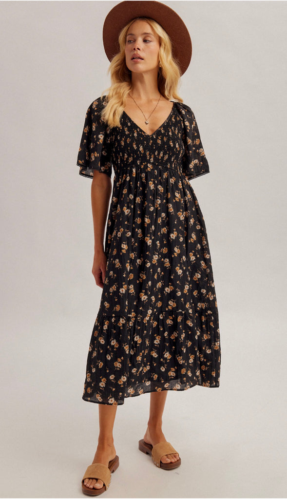 Darkest Daisy Smocked Flutter Sleeve Midi Dress- Black