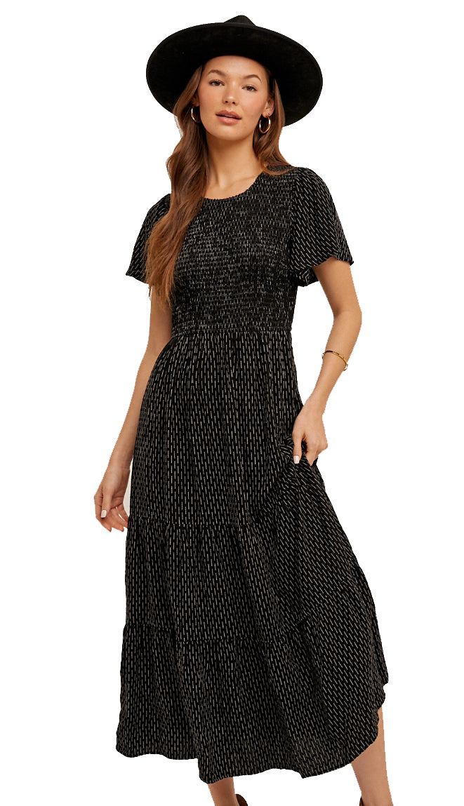 Edie Textured Dot Smocked Midi Dress- Black