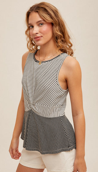 Twist Front Stripe Tank- Black/White