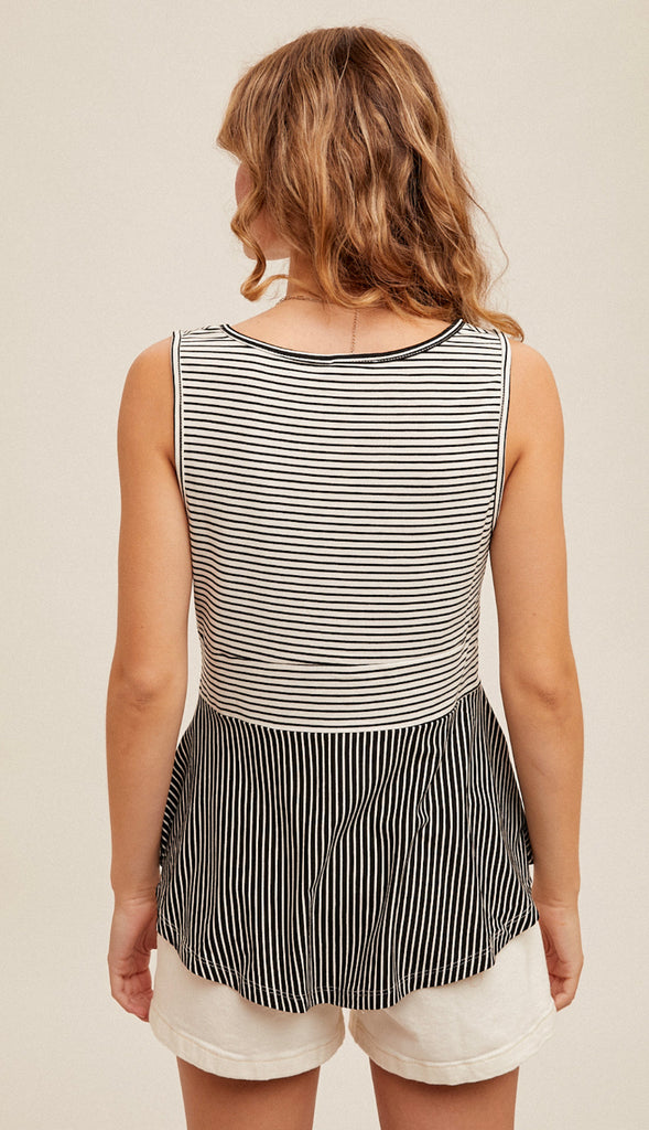 Twist Front Stripe Tank- Black/White