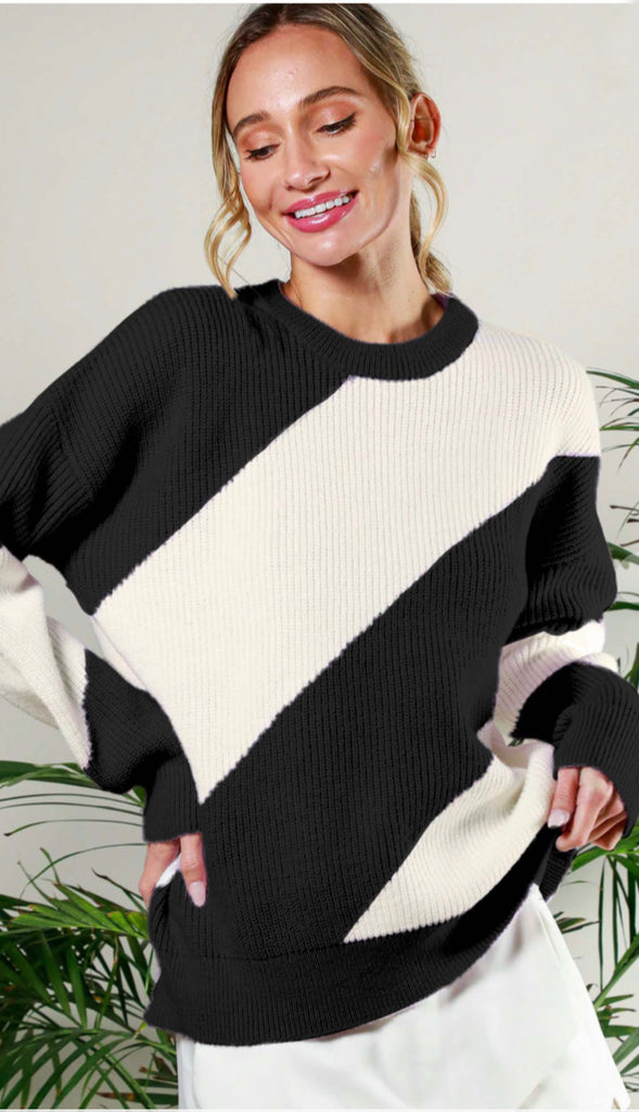 Right This Way Diagonal Stripe Sweater- Black/White