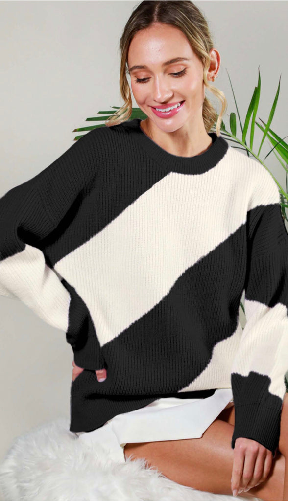 Right This Way Diagonal Stripe Sweater- Black/White