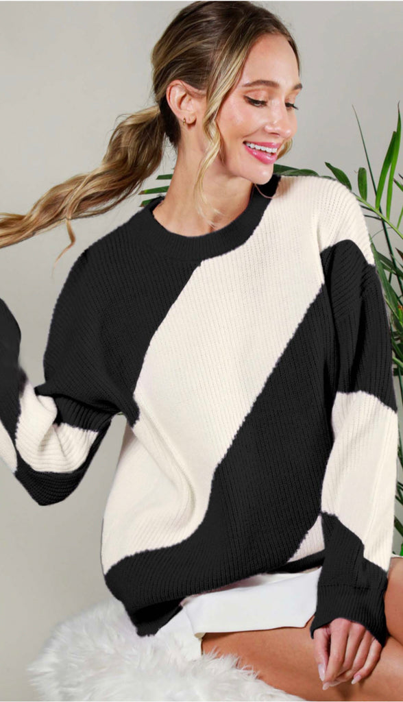 Right This Way Diagonal Stripe Sweater- Black/White