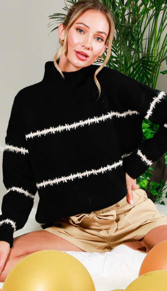 Emerson Mock Neck Striped Sweater- Cream