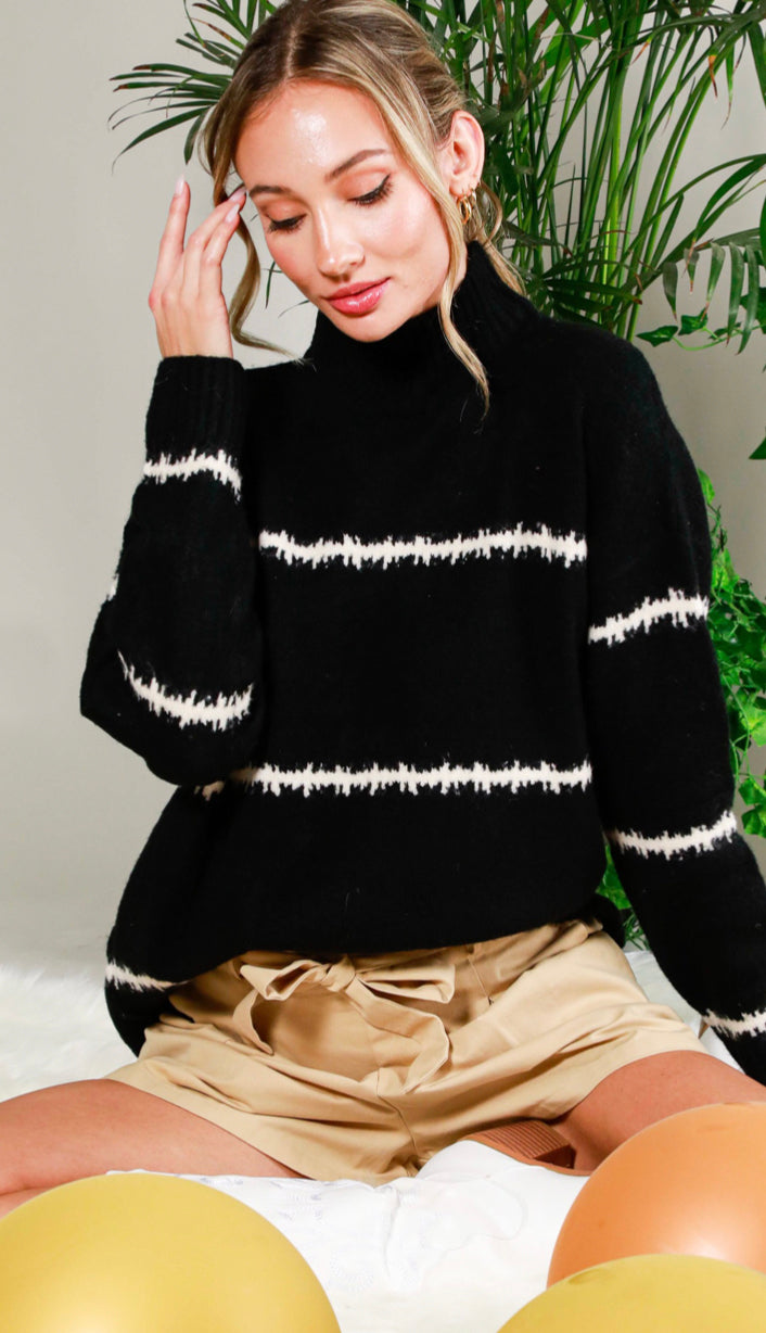 Emerson Mock Neck Striped Sweater- Black