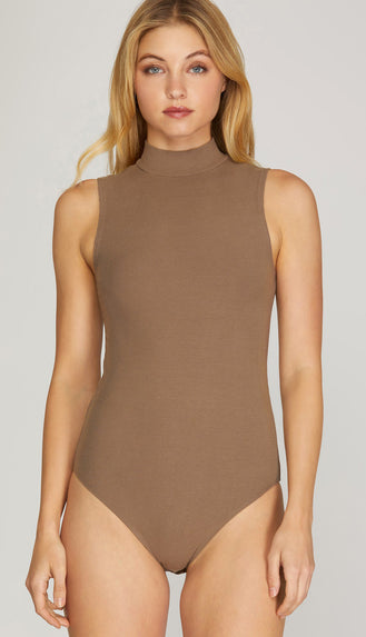 Blith Sleeveless Mock Neck Bodysuit- Mocha