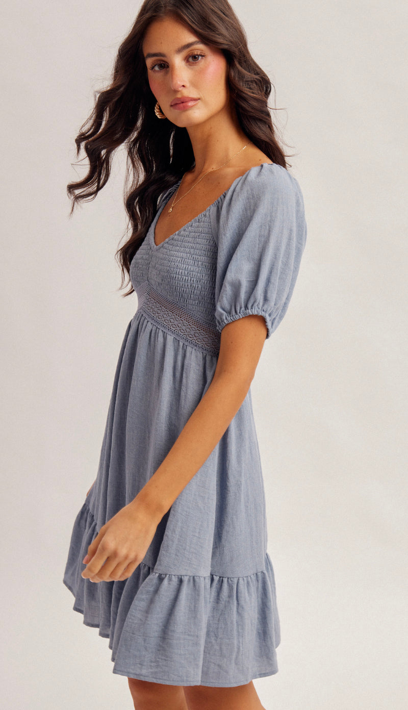 Ocean Eyes Bubble Sleeve Smocked Baby Doll Dress- Denim Blue Ocean Eyes Bubble Sleeve Smocked Baby Doll Dress- Denim Blue