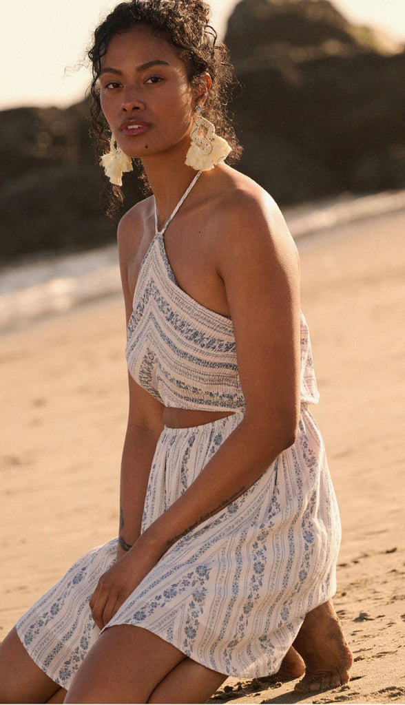 Bria Floral Halter Dress- Denim Blue