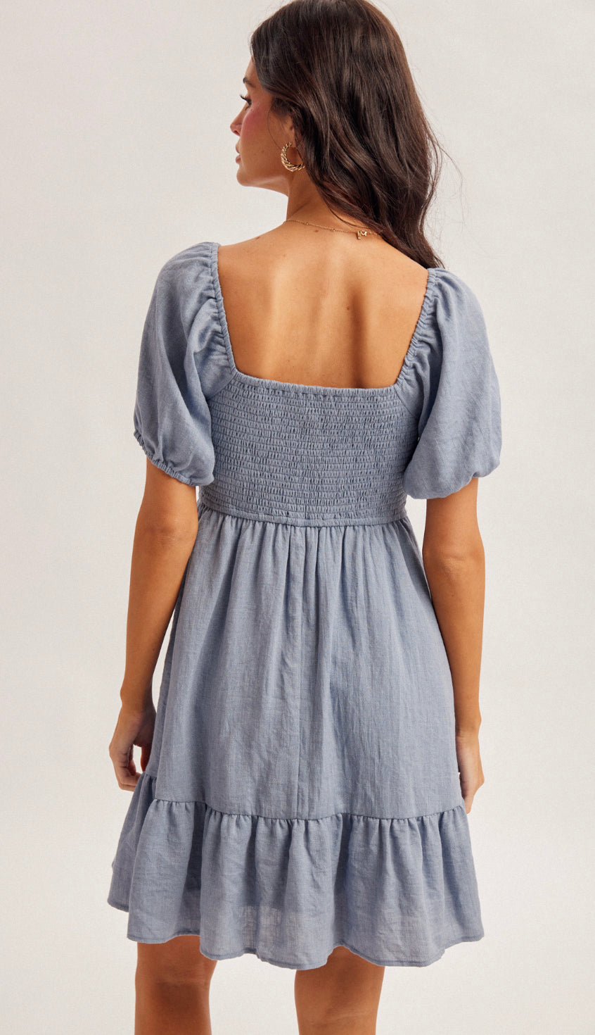 Ocean Eyes Bubble Sleeve Smocked Baby Doll Dress- Denim Blue Ocean Eyes Bubble Sleeve Smocked Baby Doll Dress- Denim Blue