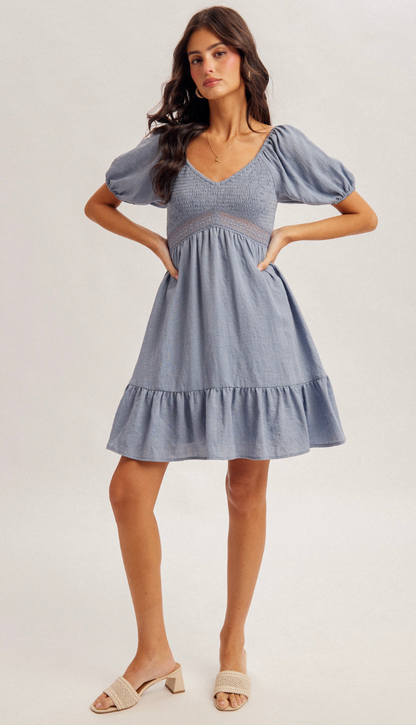 blue baby doll dress Ocean Eyes Bubble Sleeve Smocked Baby Doll Dress- Denim Blue