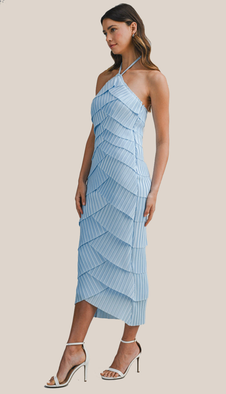 Timelessly True Pleated Strap Halter Neck Midi Dress- Lt. Blue Timelessly True Pleated Strap Halter Neck Midi Dress- Lt. Blue