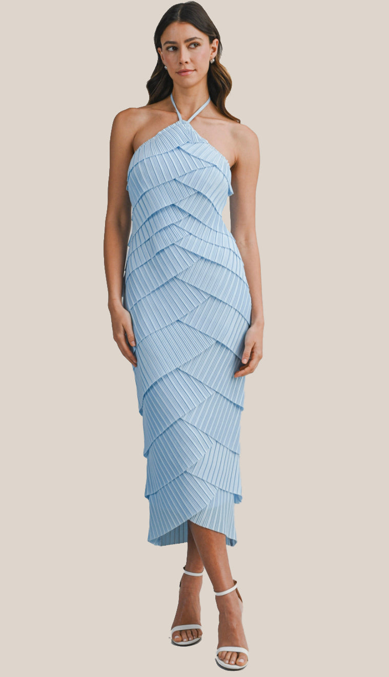 halter strap dress Timelessly True Pleated Strap Halter Neck Midi Dress- Lt. Blue