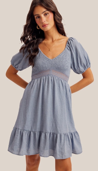 Ocean Eyes Bubble Sleeve Smocked Baby Doll Dress- Denim Blue