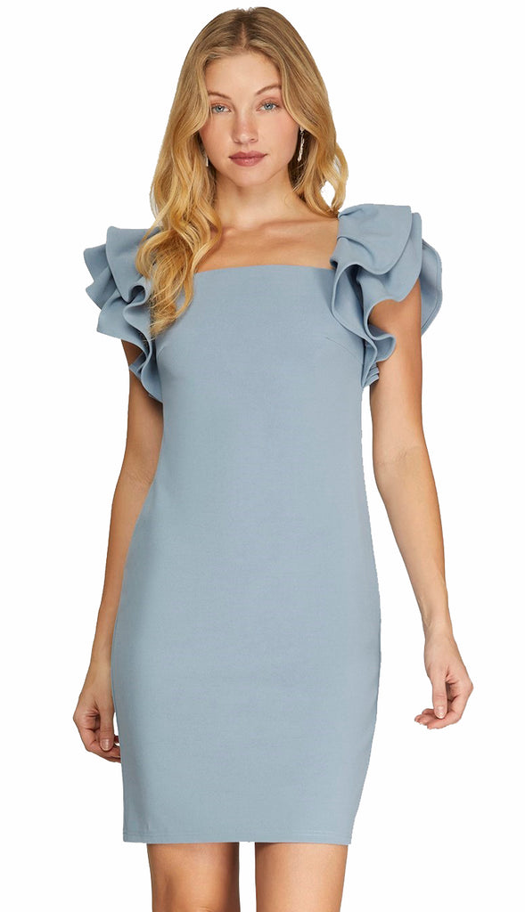 Gracing You Ruffle Square Neck Dress- Blue Grey